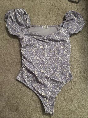 Free People Lavender Floral Puff-Sleeve Bodysuit with Yellow Accents